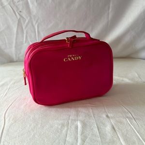 Prada Candy zippered bag, bright pink with gold accents, 7.5”x 5.5” x 3”.